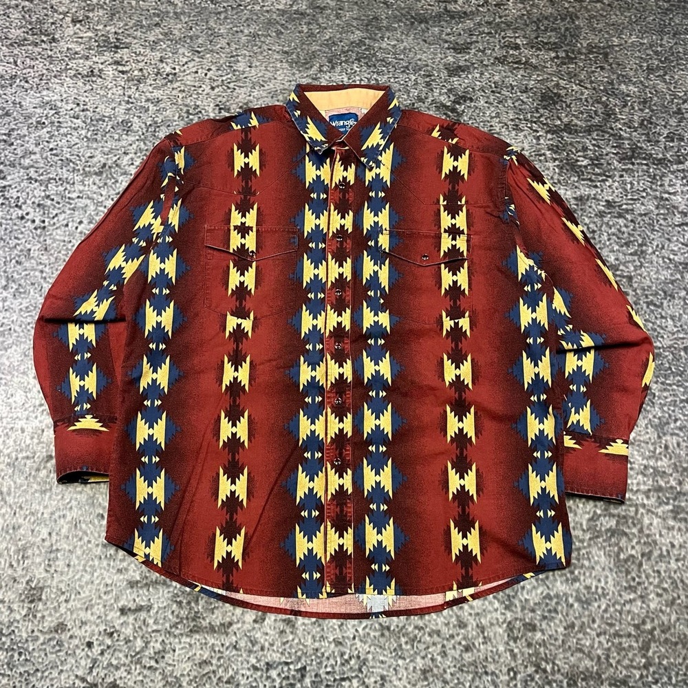 VTG Wrangler Aztec Pearl Snap Shirt Long Sleeve Mens XL Western Cowboy Rodeo 90s